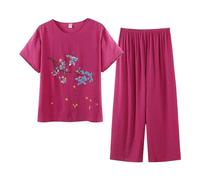 Ensemble De Pyjama Femme Coton Été Pyjama Femme Haut Ample Manches Courtes Et 3/4 Pantacourt Vêtements De Maison Cotton and Lin Deux Pièces Respirant Léger Décontracté Sleepwear