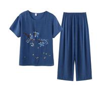 Ensemble De Pyjama Femme Coton Été Pyjama Femme Haut Ample Manches Courtes Et 3/4 Pantacourt Vêtements De Maison Cotton and Lin Deux Pièces Respirant Léger Décontracté Sleepwear