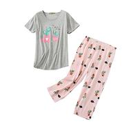 Ensemble De Pyjama Femme D'été Pyjama Femme Haut Ample À Manches Courtes Et Pantalon Capri Tenue De Nuit Cotton 2 Pièces Respirant Détente Grande Taille Sleepwear D'intérieur
