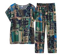 Ensemble De Pyjama Femme Grande Taille ÉTé, Chemise De Nuit Coton Manches Courtes Pyjama Chic Et éLéGant Deux PièCes DéContracté Ample Imprimé Floral Haut Et Pantalon LéGer Respirant