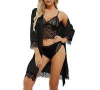 Ensemble de Pyjama Femmes Satin Quatre Pièces Pyjama Sexy en Dentelle Camisole Lingerie Slip et Short Robe de Chambre Peignoir avec Ceinture