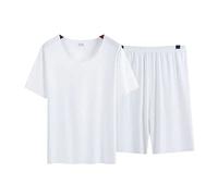 Ensemble De Pyjama Homme Manches Courtes Pyjashort pour Eté Salon Vêtements De Nuit Couleur Pure Respirant Confortable Chemise De Nuit Sleepwear (Color : White, Size : L)