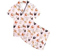 Ensemble de pyjama imprimé animal et poule pour enfants, garçons et filles, manches courtes, boutonné, short, tenue de nuit, Rose clair, 12-13 ans