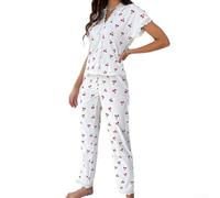 Ensemble de pyjama imprimé cerise pour femme avec haut à manches courtes et pantalon long, conçu pour une utilisation en toutes saisons à la maison, en boîte de nuit ou en vacances (taille S, blanc)