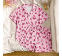Ensemble de pyjama imprimé fraise pour filles, col ouvert, manches courtes, short, ensemble de détente décontracté et confortable 2 pièces, pyjama ample et confortable pour filles pouvant être porté à