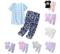 Ensemble de pyjama imprimé mignon pour femme, ensemble de pyjama à manches courtes, adorable vêtements de nuit tendance coupe droite, vêtements de nuit doux et confortables, vêtements de nuit légers