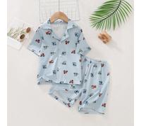 Ensemble de pyjama jeune garçon avec polo à col et imprimé camion de dessin animé sur tout le vêtement, Ensemble de vêtements de nuit décontractés jeune garçon avec short à manches courtes ignifuge 6Y
