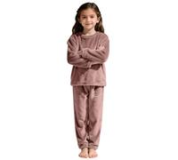 Ensemble de pyjama long en polaire chaude à col rond pour fille - Vêtements de nuit confortables en velours corail - Couleur unie - Coupe ample - Ensemble de pyjama deux pièces pour enfants, kaki, 7-8