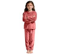 Ensemble de pyjama long en polaire chaude à col rond pour fille - Vêtements de nuit confortables en velours corail - Couleur unie - Coupe ample - Ensemble de pyjama deux pièces pour enfants, Rouge, 4