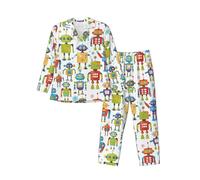 Ensemble de pyjama mignon à manches longues pour homme, motif robots de dessin animé, taille S à XXL pour un usage quotidien à la maison, escapades de week-end, Noir/blanc, S
