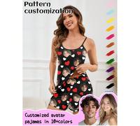 Ensemble de pyjama personnalisé pour femme avec camisole, présentant une grande photo de portrait unique, remplacement du visage du couple, ambiance festive L,M,S,XL,XS,XXL,XXSGéométrique,Tout Imprimé