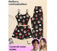 Ensemble de pyjama personnalisé pour femme en 3 pièces, peut imprimer n'importe quel motif, pyjamas personnalisés avec photos, vêtements de nuit confortables avec des images amusantes personnalisées.