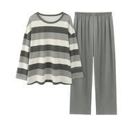 Ensemble de pyjama pour femme à manches longues, col rond et pantalon large avec taille élastique, jolis hauts rayés, légers, doux et confortables, ensemble de pyjama 2 pièces, vêtements de nuit, gris