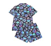 Ensemble de pyjama pour femme avec fermeture à boucle, fermeture à boutons, manches courtes, motif imprimé, tissu en soie de lait, ensemble de vêtements de nuit assortis pour dormir et se détendre à