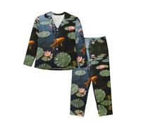 Ensemble de pyjama pour femme avec motif étang rempli de feuilles de lotus (S-XXL) | Vêtements d'intérieur à manches longues | Vêtements d'intérieur qui peuvent être portés à l'extérieur, Noir/blanc