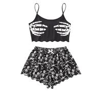 Ensemble de pyjama pour femme doux et confortable pour Halloween, haut et short imprimé laitue, ensemble de pyjama squelette amusant et amusant pour femme, gris, XL