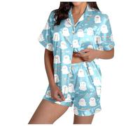 Ensemble de pyjama pour femme en satin de soie boutonné, confortable pour l'été, Halloween, fantôme, ensemble de pyjama assorti à manches courtes, bleu clair, S