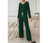 Ensemble de pyjama pour femme, haut à manches longues et pantalon à cordon de serrage, ensemble de pyjama doux à col en V avec passepoil contrasté