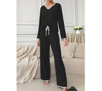 Ensemble de pyjama pour femme, haut à manches longues et pantalon à cordon de serrage, ensemble de pyjama doux à col en V avec passepoil contrasté
