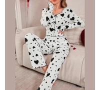 Ensemble de pyjama pour femme, imprimé cœur, tenue d'intérieur, ensemble pyjama décontracté d'amour et pantalon long, pyjama doux (taille M est noir)