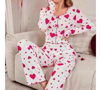 Ensemble de pyjama pour femme, imprimé cœur, tenue d'intérieur, ensemble pyjama décontracté d'amour et pantalon long, pyjama doux (S est rouge)