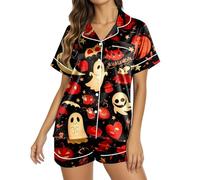 Ensemble de pyjama pour femme, imprimé Halloween, taille boutonnée, haut à manches courtes et short, chaussons pour jeunes filles, Rouge, M