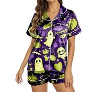 Ensemble de pyjama pour femme, imprimé Halloween, taille boutonnée, haut à manches courtes et short, chaussons pour jeunes filles, violet, S