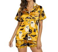 Ensemble de pyjama pour femme, imprimé Halloween, taille boutonnée, haut à manches courtes et short, pantoufle pour petite fille, jaune, L