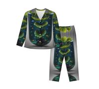 Ensemble de pyjama pour femme motif feuille de lotus sous l'eau (S-XXL) | Vêtements d'intérieur à manches longues | Vêtements d'intérieur qui peuvent être portés à l'extérieur, Noir/blanc, XL