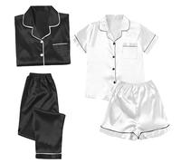 Ensemble de Pyjama pour Femme Satin Pyjamas Women's Short 4 Piece Pyjamas Short Sleeve Sleepwear and Shorts Set Women Sets Leisure Suit Loungewear Pyjama Grenouillère Femme Pijamas Femmes (BK1, M)