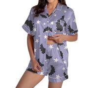 Ensemble de pyjama pour femme - Sous-vêtements pour la maison - Imprimé graphique - Satin - Boutons mignons - Haut à manches courtes - Short - Ensemble de sous-vêtements, violet, M