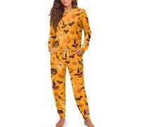 Ensemble de pyjama pour femme sur le thème d'Halloween, avec motif citrouille et sorcière, haut à manches longues et pantalon, 2 pièces confortables, vêtements de nuit tendance et confortables, Orange