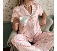 Ensemble de pyjama pour femmes de taille standard avec imprimé floral & rayé, style romantique pastoral, manches courtes & pantalon long, vêtements d'intérieur confortables, peuvent être portés à l'ex
