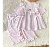 Ensemble de pyjama pour filles 2 pièces rose pâle à paillettes avec bordure en dentelle, haut à manches courtes avec nœud et volants + pantalon 3/4, tenue d'intérieur style princesse 6Y,7Y,4Y,5YRayéTi