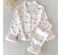 Ensemble de pyjama pour filles avec Top à manches longues et pantalon, col ouvert, poignets et ourlet contrastés avec imprimé nœud rose 8Y,9Y,10Y,11Y,12YgraphiqueÉtoffe