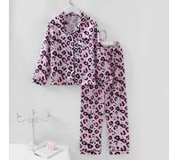 Ensemble de pyjama pour filles préadolescentes, confortable, doux et soyeux en tissu de fausse soie, mode, rose, imprimé lapin et léopard, col à revers ouvert, bordure noire décorative, manches longue