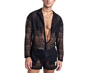 Ensemble de pyjama pour homme avec haut et short, ensemble de chemise et short, costume de mariage, en dentelle creuse unie, pour nuit de noces, lune de miel, plage, vacances, ensemble de chemise pour