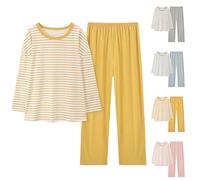 Ensemble de pyjama rayé en coton à manches longues pour femme - Haut rayé à col rond et pantalon large - Léger et confortable - Vêtement de nuit doux - Coupe ample - Vêtement de nuit décontracté