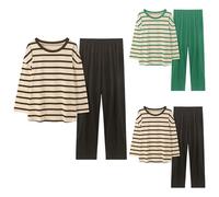 Ensemble de pyjama rayé pour femme - Coupe ample - Col rond - Rayé - Haut à rayures avec pantalon large - Ensemble de vêtements de nuit deux pièces - Pull à manches longues - Pantalon long - Ensemble