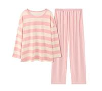 Ensemble de pyjama rayé pour femme | Pyjama en coton pour femme - Ensemble confortable à col rond - Bas extensible - Vêtements de nuit souples à manches longues - Nuisette dégradée - Couleur pure -