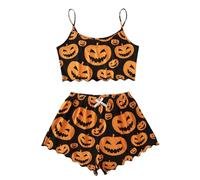 Ensemble de pyjama sans manches imprimé citrouille d'Halloween pour femme, camisole et short pyjama femme avec boutons, Orange, S