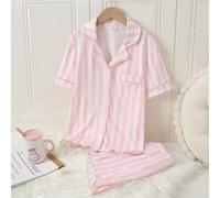 Ensemble de pyjama short à manches courtes rayé rose et blanc pour filles, Top à col ouvert doux et frais avec ourlet et poignets volantés, vêtements de détente confortables pour le printemps et l'été