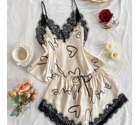 Ensemble de pyjama SilkySpell pour femmes avec Top camisole à col V profond imprimé cœur sexy et short avec bordure en dentelle, ensemble de vêtements de nuit grande taille pour toutes les saisons 1XL