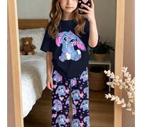 Ensemble de pyjama style ballerine pour jeunes filles avec motif de lapin Lulu et Stitch en forme de cœur, style mignon bleu marine. Coupe slim, col rond, manches courtes. Styles doux et confortables