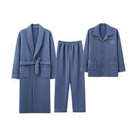 Ensemble De Pyjamas 3 Pièces pour Hommes Revers Col en V Coton Épaissi À Manches Longues Matelassé Ensemble De Pyjamas avec Robe Matelassée en Coton,Kk6294,4XL