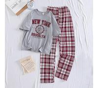 Ensemble de pyjamas d'été pour préadolescents - T-shirt gris minimaliste avec imprimé "New York", associé à un pantalon à carreaux doux et ample, ensemble de vêtements de nuit confortable en 2 pièces