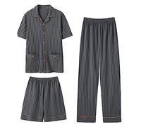 Ensemble de Pyjamas en Coton 3-Pcs pour Hommes Taille Plus Bouton vers Le Bas Vêtements de Nuit Short à Manches Courtes Pjs Set L-5XL,504,5XL