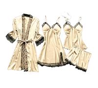 Ensemble de Pyjamas Femme 4 pièces - Robe Soie simulée avec Dentelle, Robe de Nuit et Short décontracté, Confortable pour l'hiver chez soi et Moments Doux