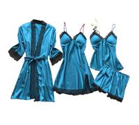 Ensemble de Pyjamas Femme 4 pièces - Robe Soie simulée avec Dentelle, Robe de Nuit et Short décontracté, Confortable pour l'hiver chez soi et Moments Doux