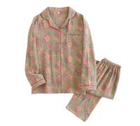 Ensemble de pyjamas pour femme en 2 pièces - Vêtements de nuit brodés floraux vintage col V boutonné et pantalon, tenue d'intérieur ample et décontractée en mousseline de coton doux pour des nuits de